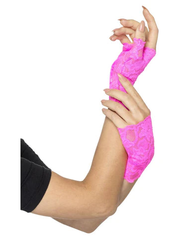 80s Fingerless Lace Gloves, Neon Pink - NEW
