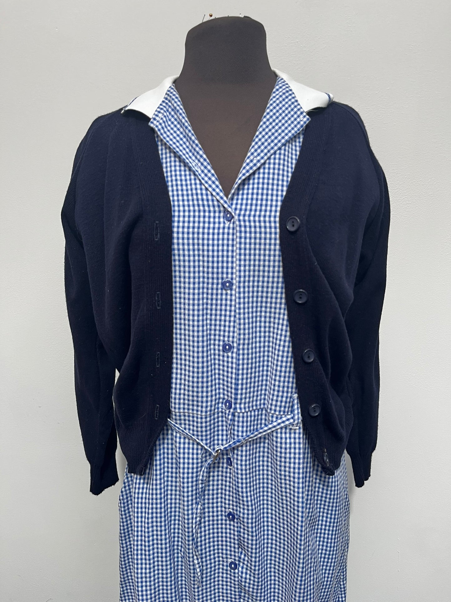 Blue & White School Girl Dress & Cardigan Size 10-12 Ex Hire