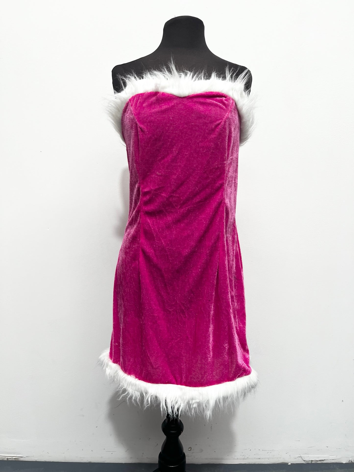 Pink Christmas strapless dress faux fur trim Size 10-12 - Ex Hire