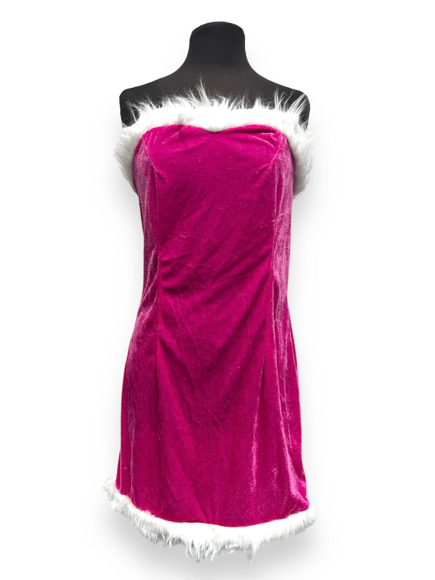Pink Christmas strapless dress faux fur trim Size 10-12 - Ex Hire