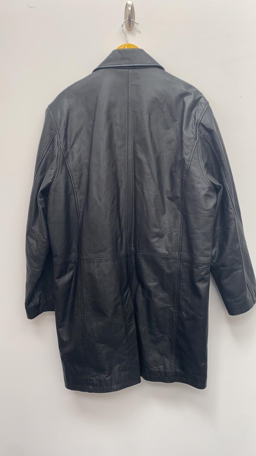 Vintage Men's Black Long Leather Jacket Large - Vintage Clothing