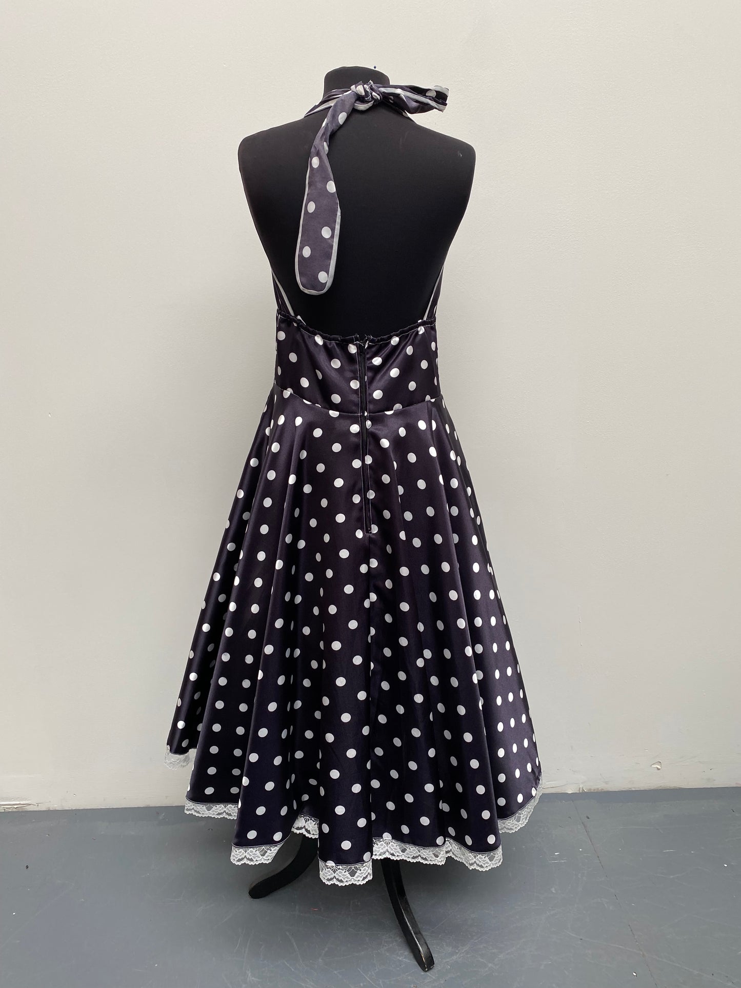 50s Dark Blue/Black Spotty Halter Neck Dress - Ex Hire Fancy Dress Costume