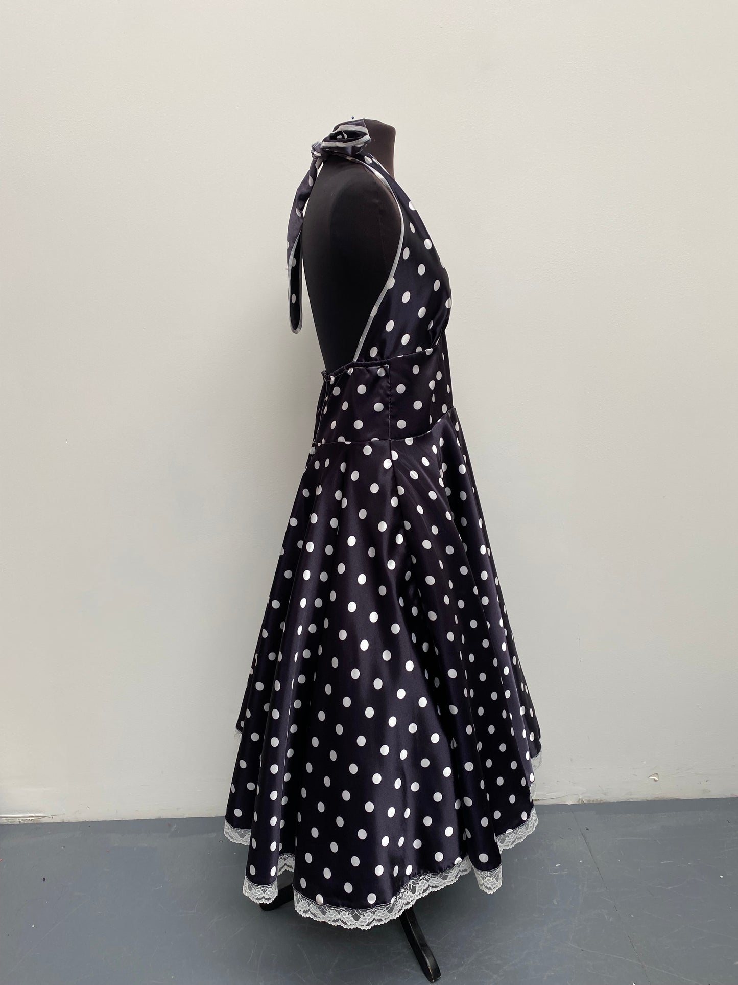 50s Dark Blue/Black Spotty Halter Neck Dress - Ex Hire Fancy Dress Costume