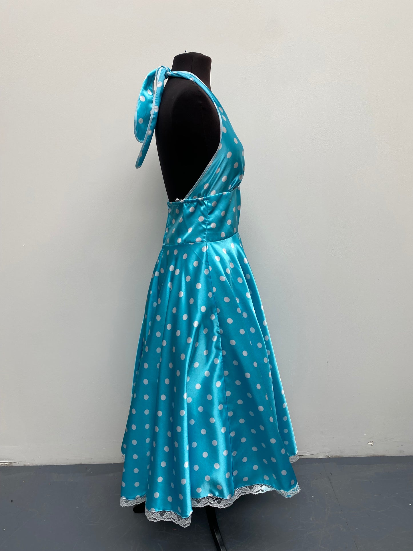 50s Light Blue Spotty Halter Neck Dress - Ex Hire Fancy Dress Costume