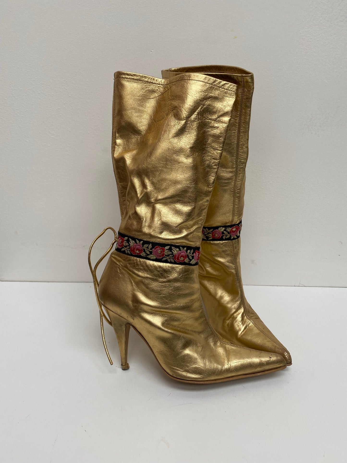 Vintage Faith Solo Gold mid calf pointed toe boots with stiletto heel size 4/5 - Ex Hire Fancy Dress Footwear