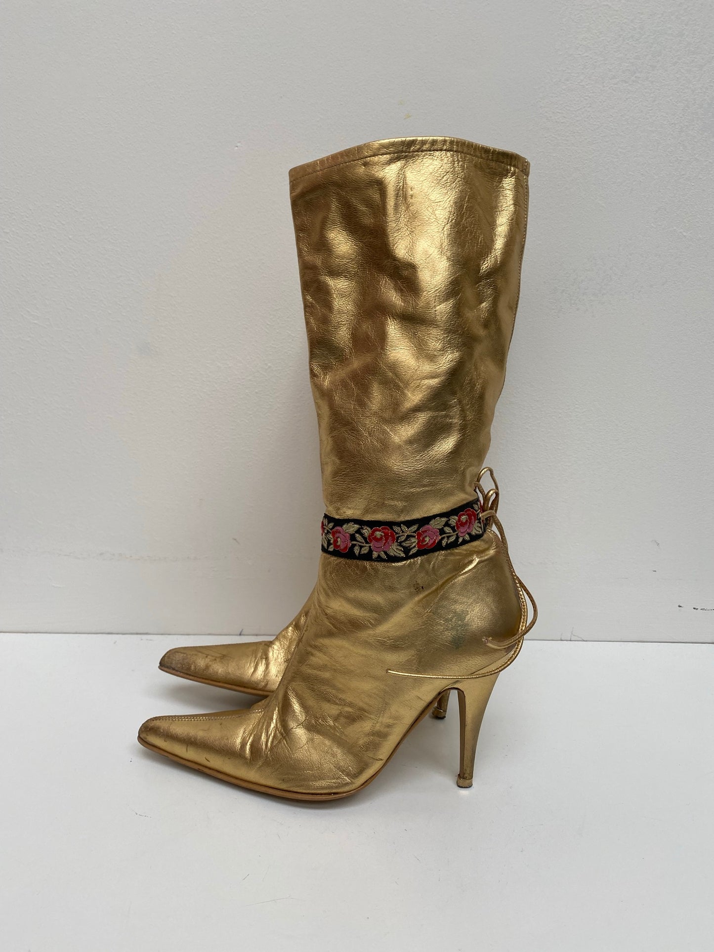 Vintage Faith Solo Gold mid calf pointed toe boots with stiletto heel size 4/5 - Ex Hire Fancy Dress Footwear