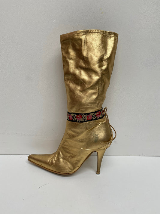 Vintage Faith Solo Gold mid calf pointed toe boots with stiletto heel size 4/5 - Ex Hire Fancy Dress Footwear