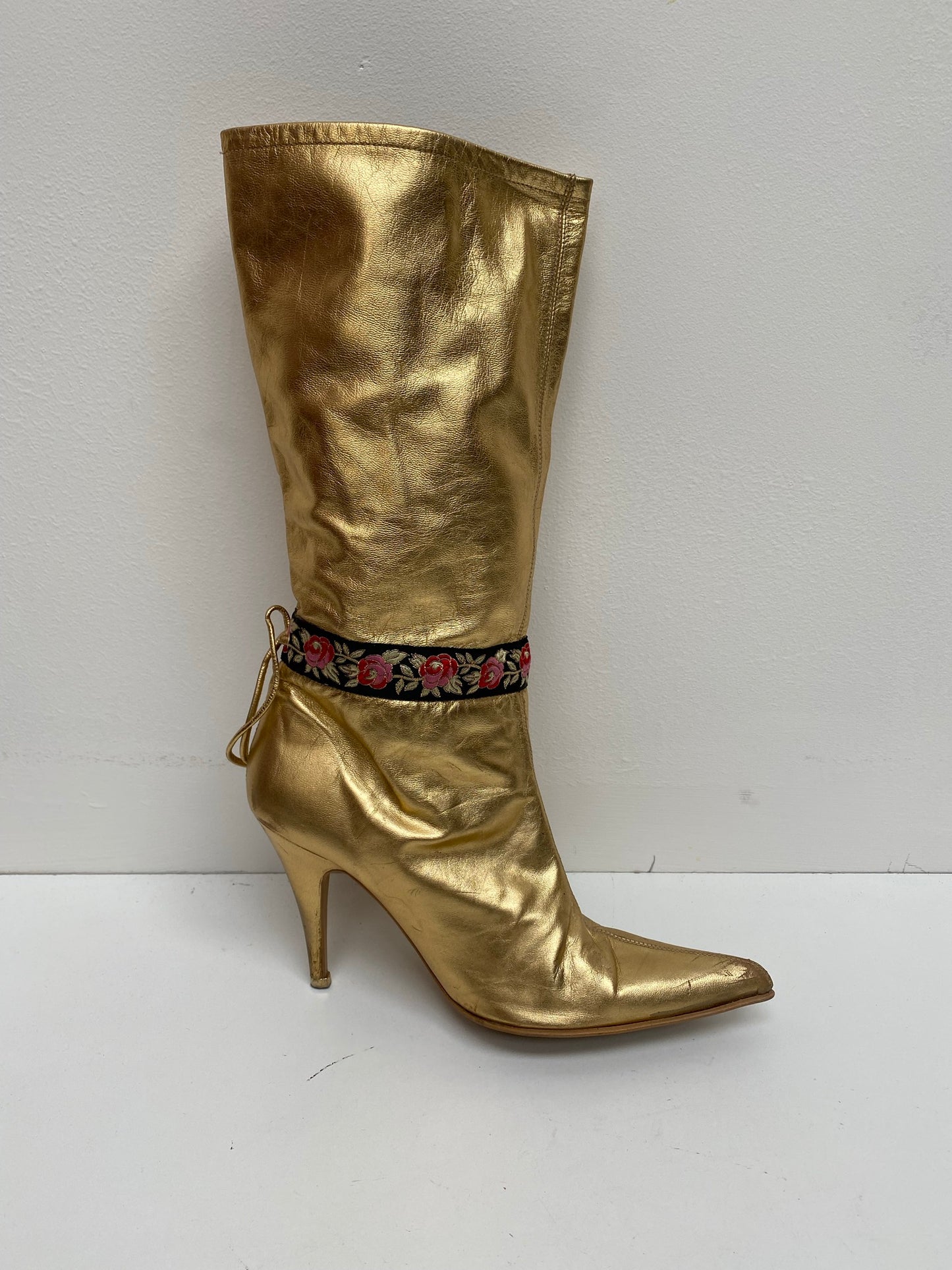 Vintage Faith Solo Gold mid calf pointed toe boots with stiletto heel size 4/5 - Ex Hire Fancy Dress Footwear