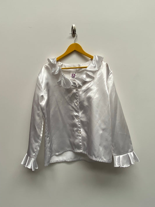 Women's 1970s style frill satin Shirt Size XL - White Ex Hire Fancy Dress Costume