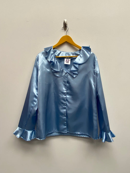 Women's 1970s style frill satin Shirt Size Large - Blue Ex Hire Fancy Dress Costume