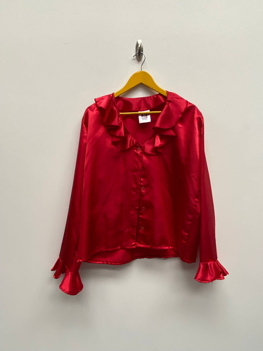 Women's 1970s style frill satin Shirt Size XLarge - Red Ex Hire Fancy Dress Costume