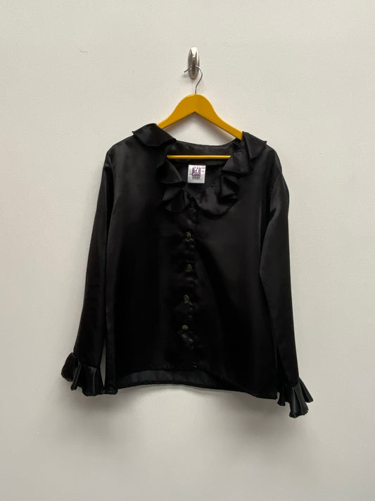 Women's 1970s style frill satin Shirt - Black