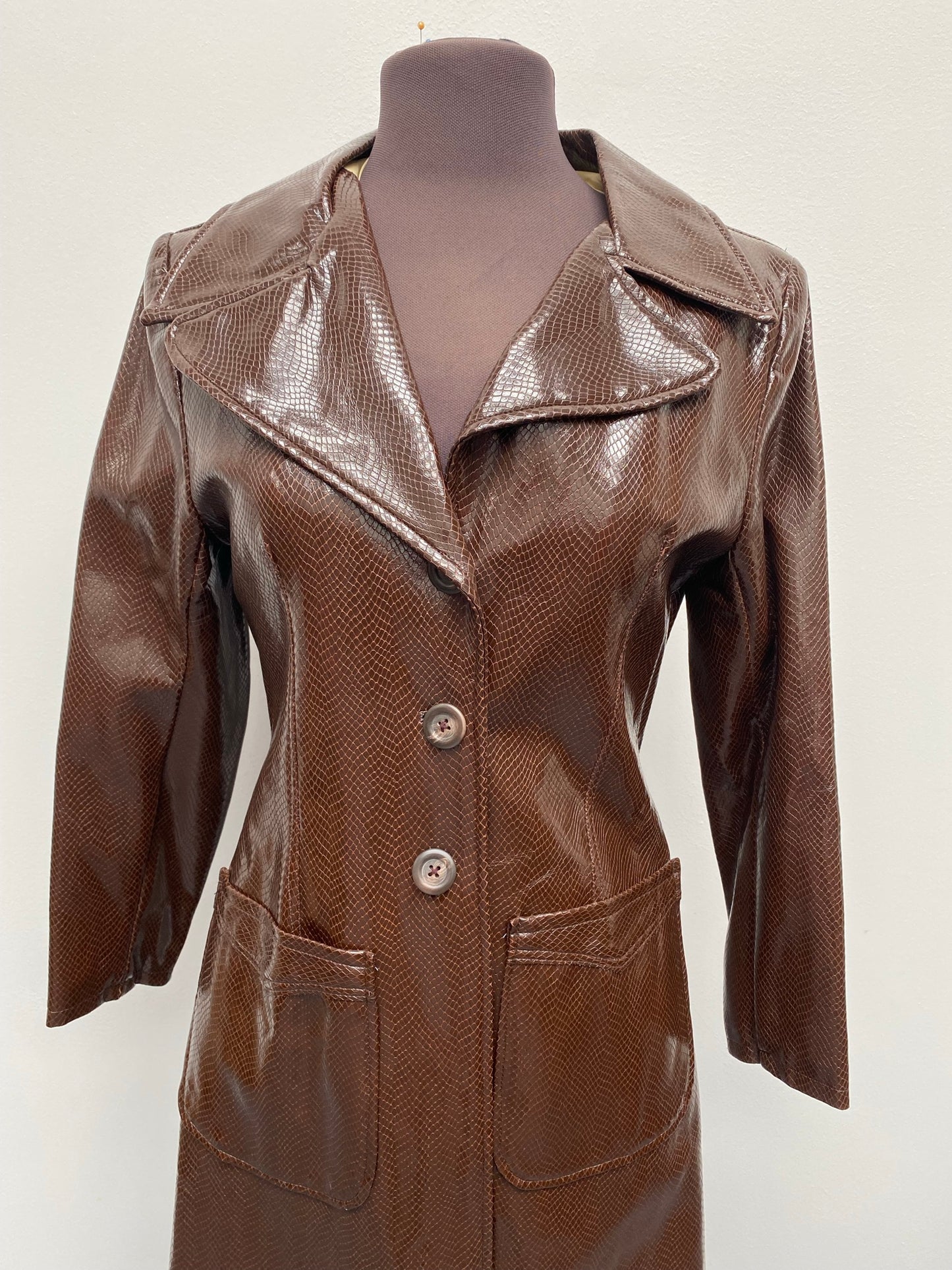 Vintage 80s PVC Brown Snakeskin full length jacket 8-10 - Ex Hire Fancy Dress Costume