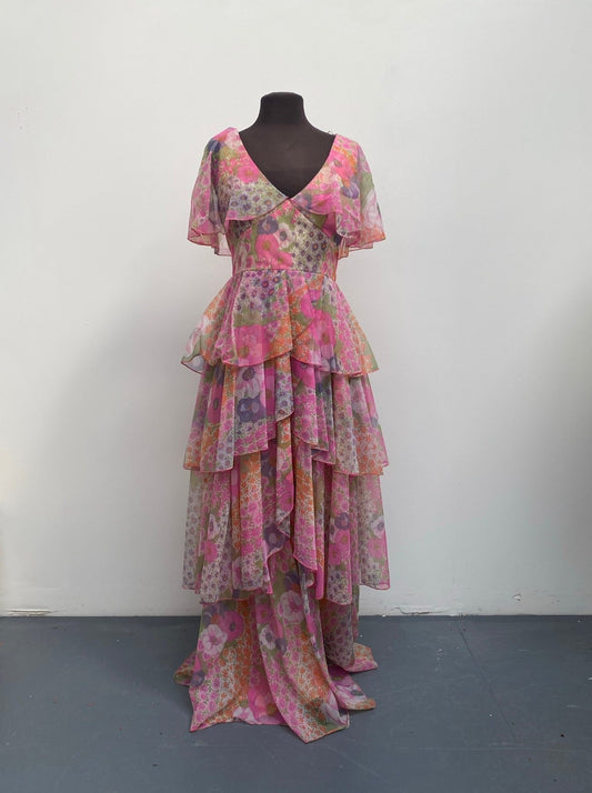 Vintage 1960s Summer Floral layered Chiffon Dress size M