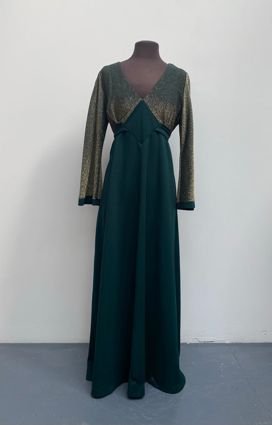 Vintage 70s Emerald Green Gold Evening Gown Size M/L - Ex Hire Fancy Dress Costume