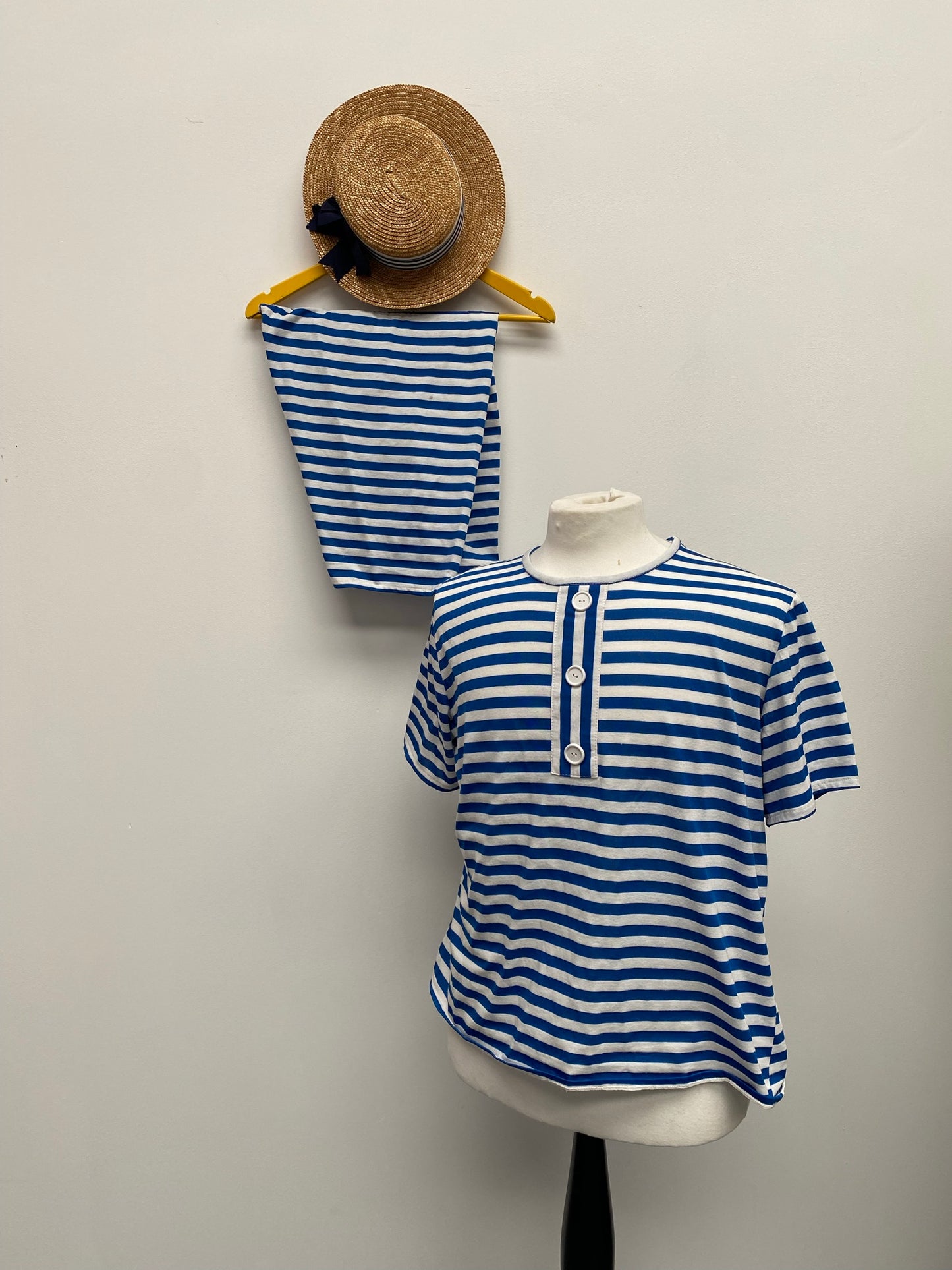 Blue Old Time Striped Bathing Suit & Hat One Size - Ex Hire Fancy Dress Costume