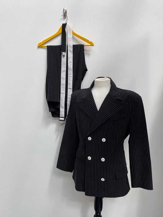 1920s Style Black Pinstripe Gangster Suit with Braces - Ex Hire Fancy Dress Costumes