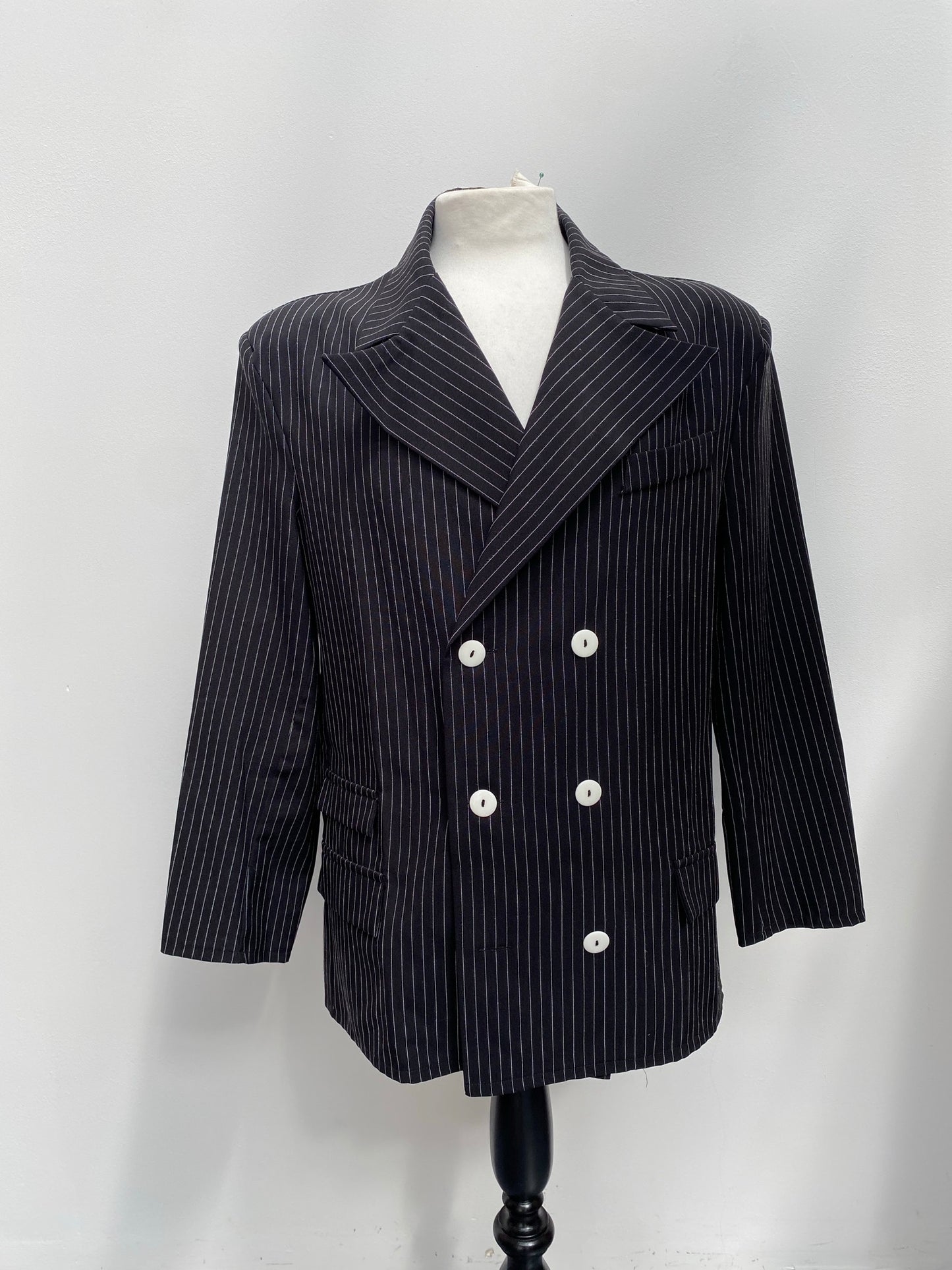 1920s Style Black Pinstripe Gangster Suit with Braces - Ex Hire Fancy Dress Costumes