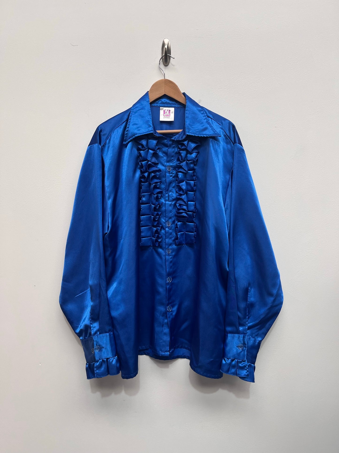 Men's 1970s style frill satin Shirt Size Large - Blue