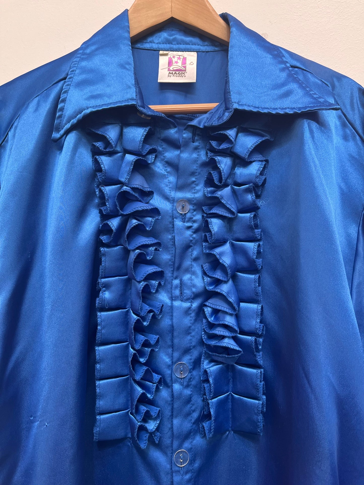 Men's 1970s style frill satin Shirt Size Large - Blue