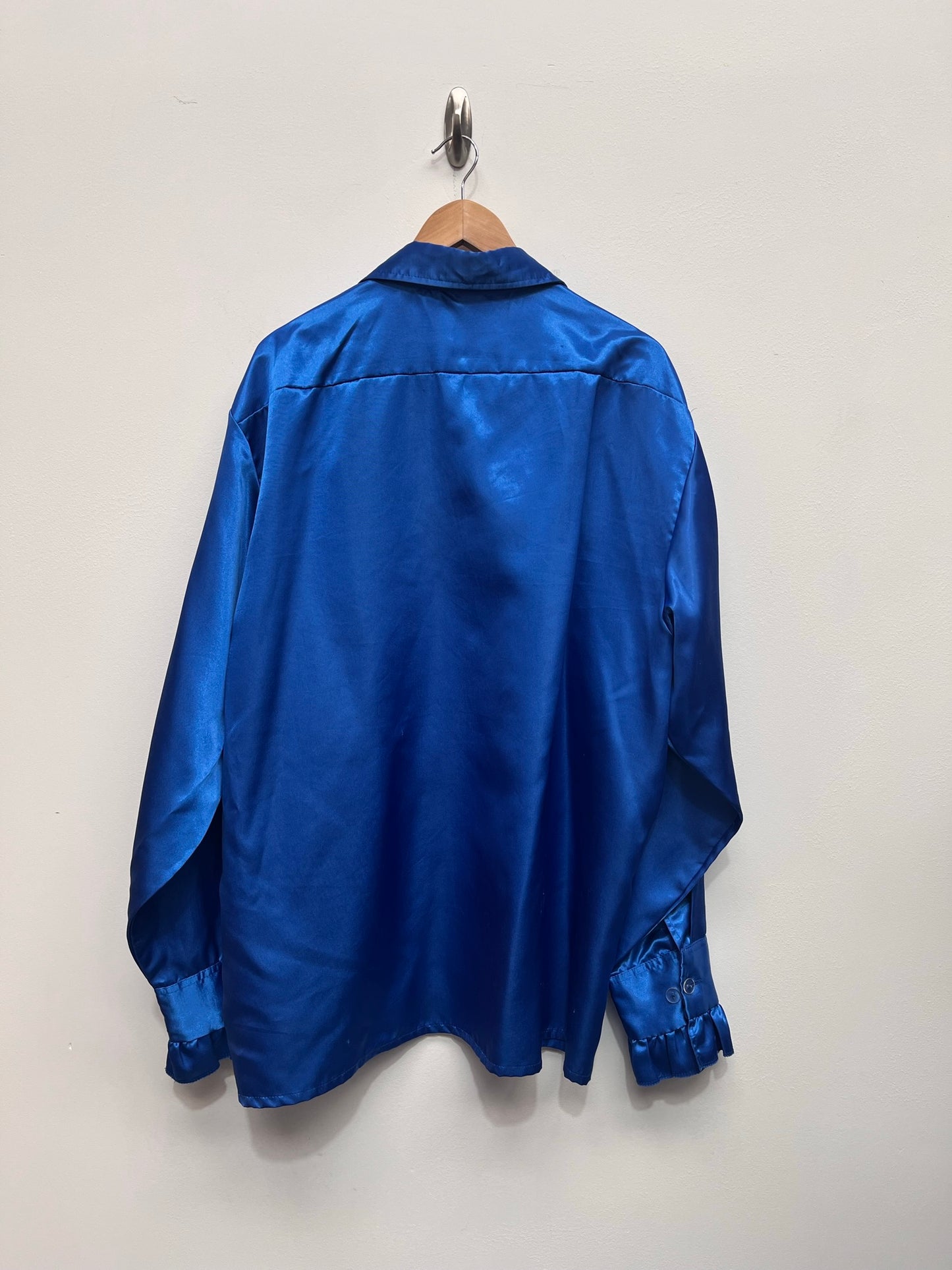 Men's 1970s style frill satin Shirt Size Large - Blue