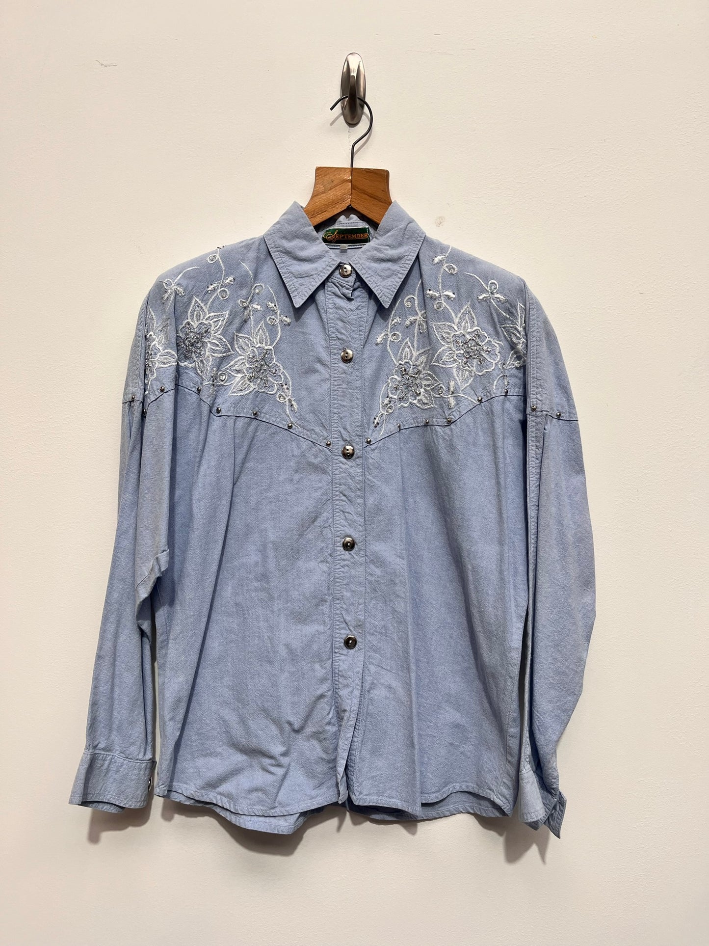 Vintage Blue Cotton Cowgirl style long sleeved shirt Wild West L/XL - Ex Hire