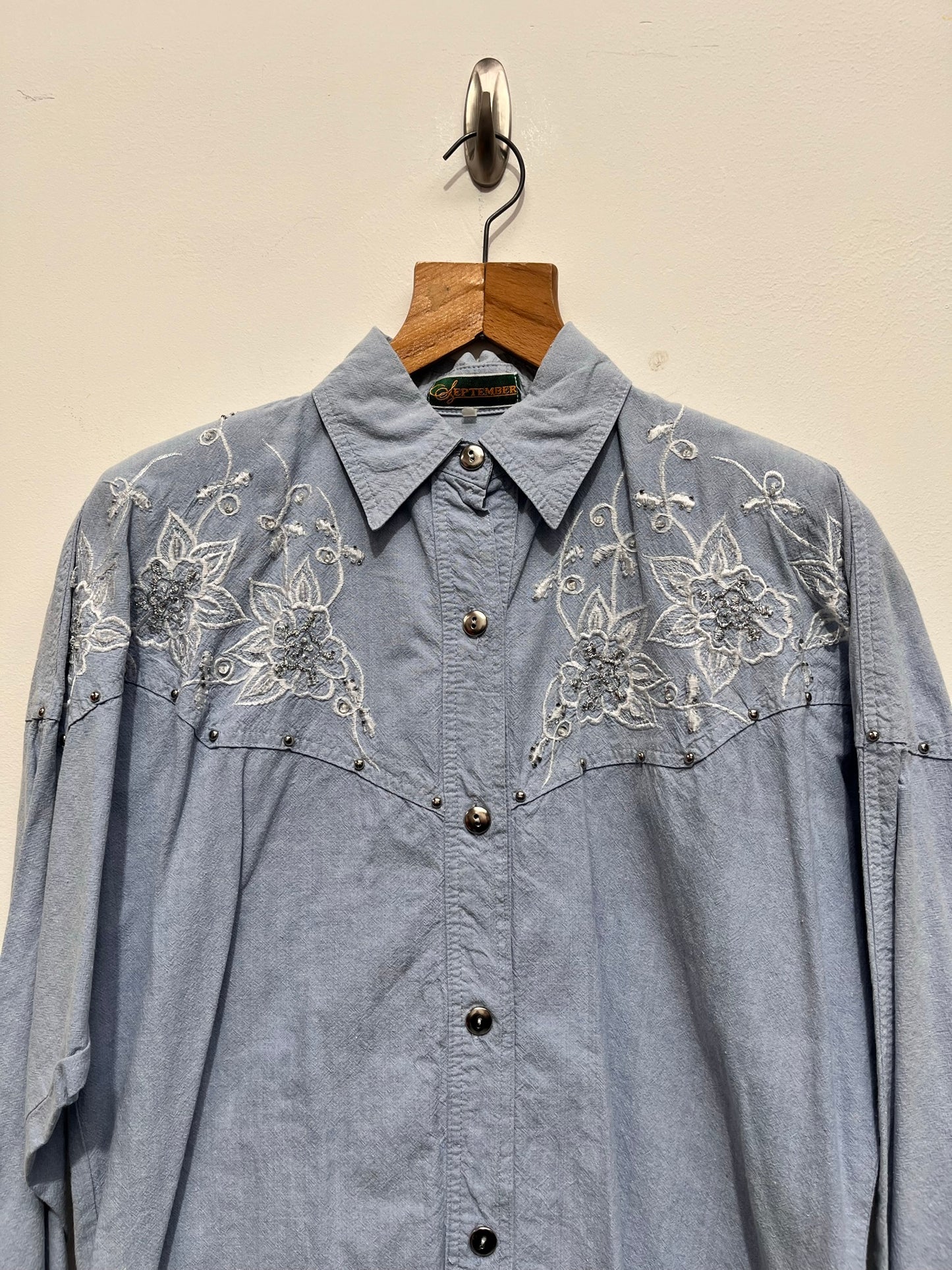 Vintage Blue Cotton Cowgirl style long sleeved shirt Wild West L/XL - Ex Hire