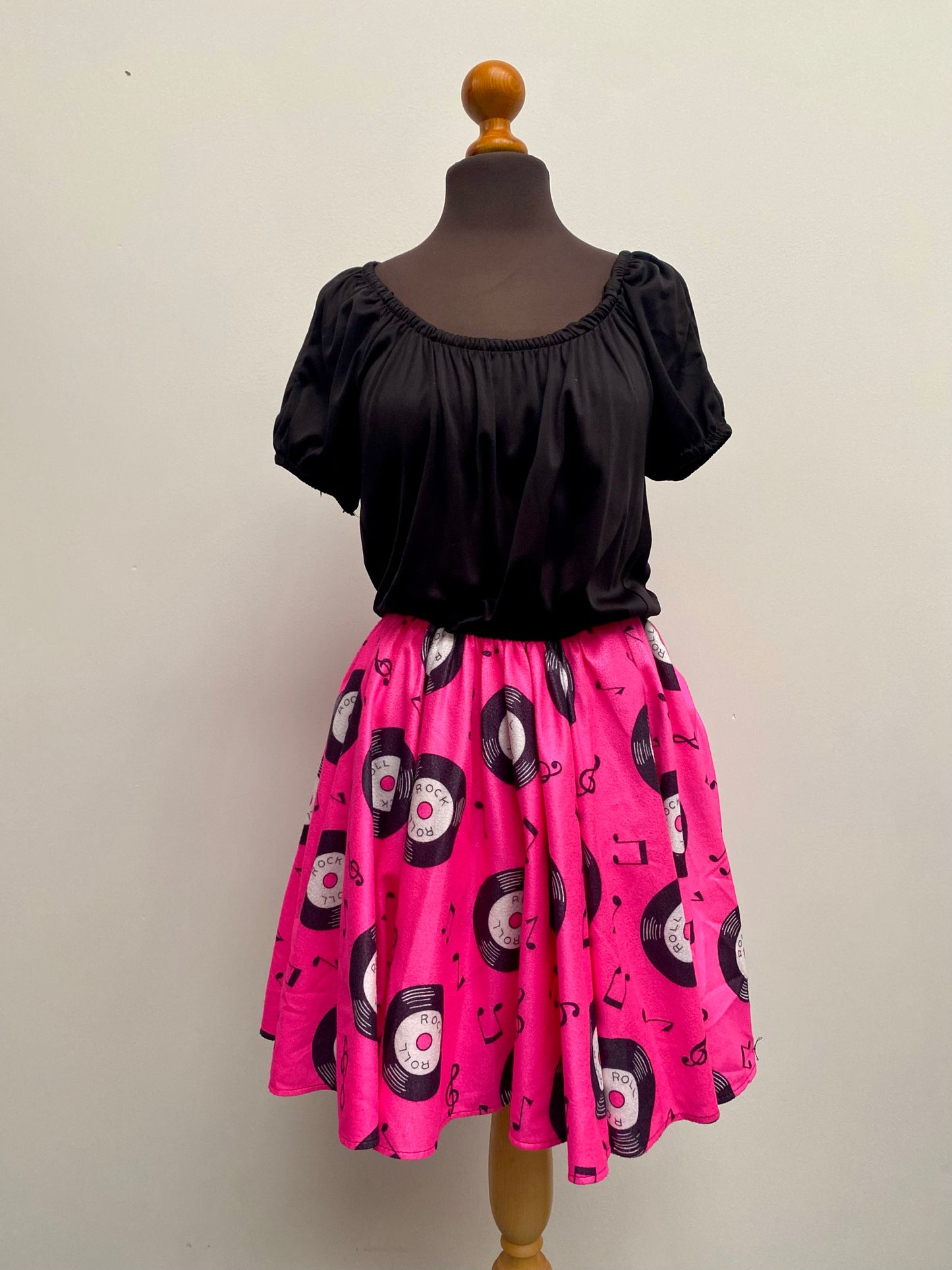 Ladies 50's pink black outfit record design dress Size 12 - Ex Hire Fancy Dress Costume