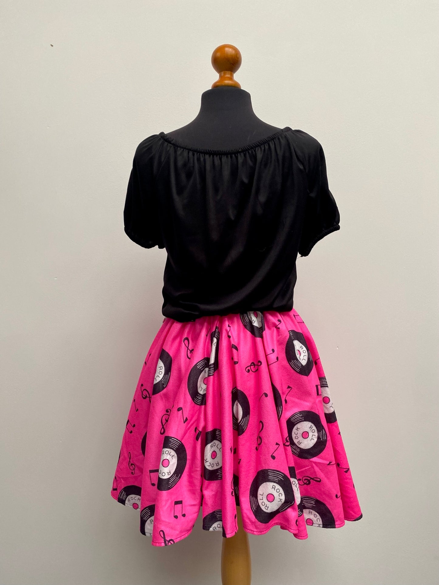 Ladies 50's pink black outfit record design dress Size 12 - Ex Hire Fancy Dress Costume
