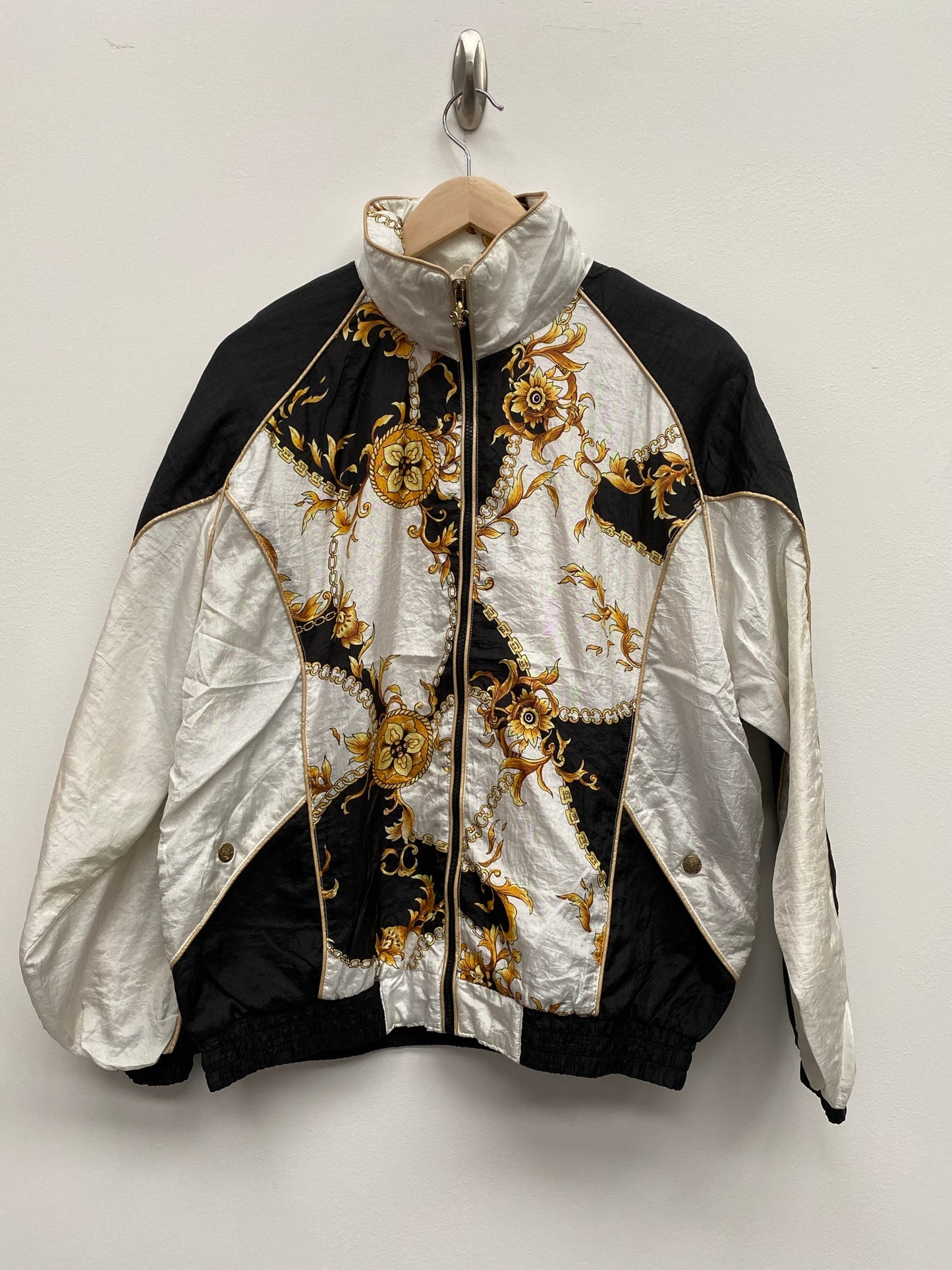 Vintage Black White Shell jacket with Gold leaf pattern Size S - festival wear