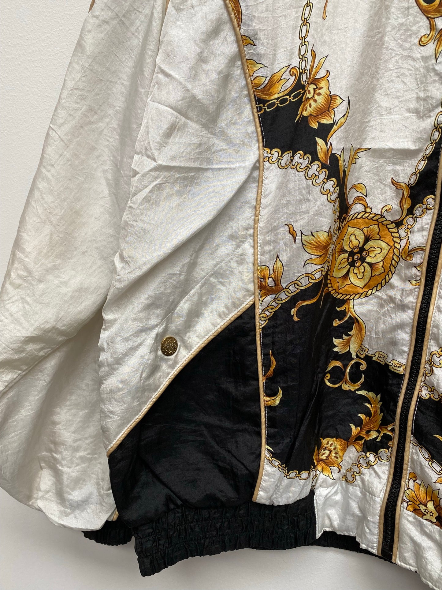 Vintage Black White Shell jacket with Gold leaf pattern Size S - festival wear