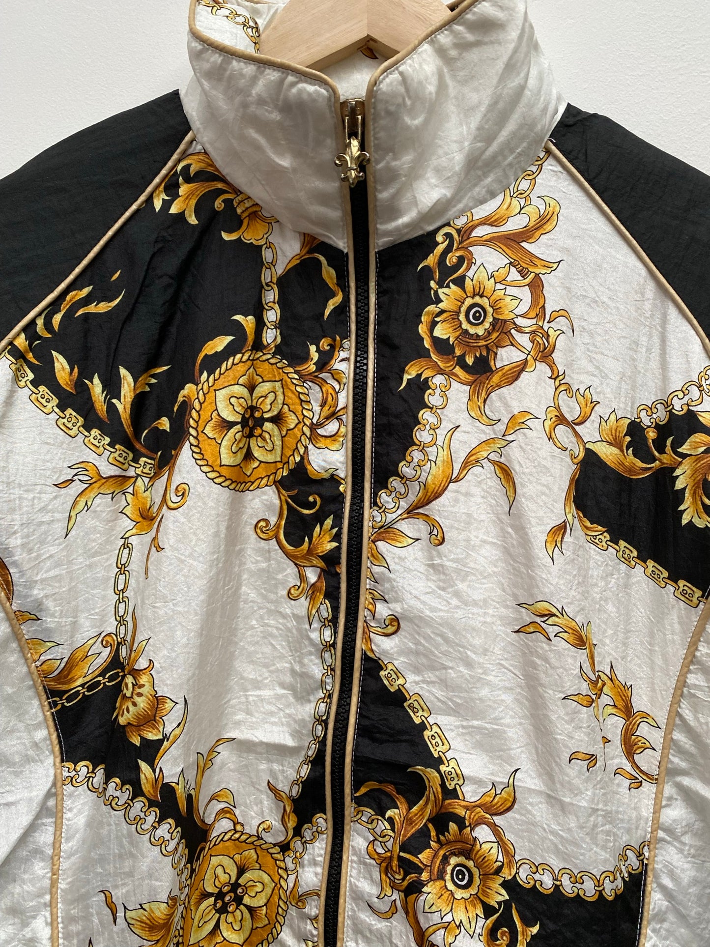 Vintage Black White Shell jacket with Gold leaf pattern Size S - festival wear