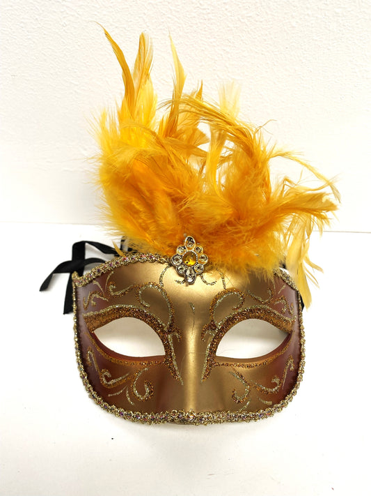 Gold Masquerade Mask with Yellow Feathers - New