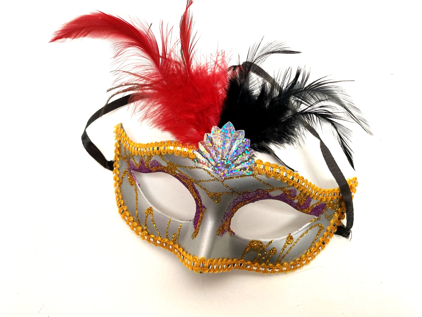 Silver Masquerade Mask with black & red feathers - New