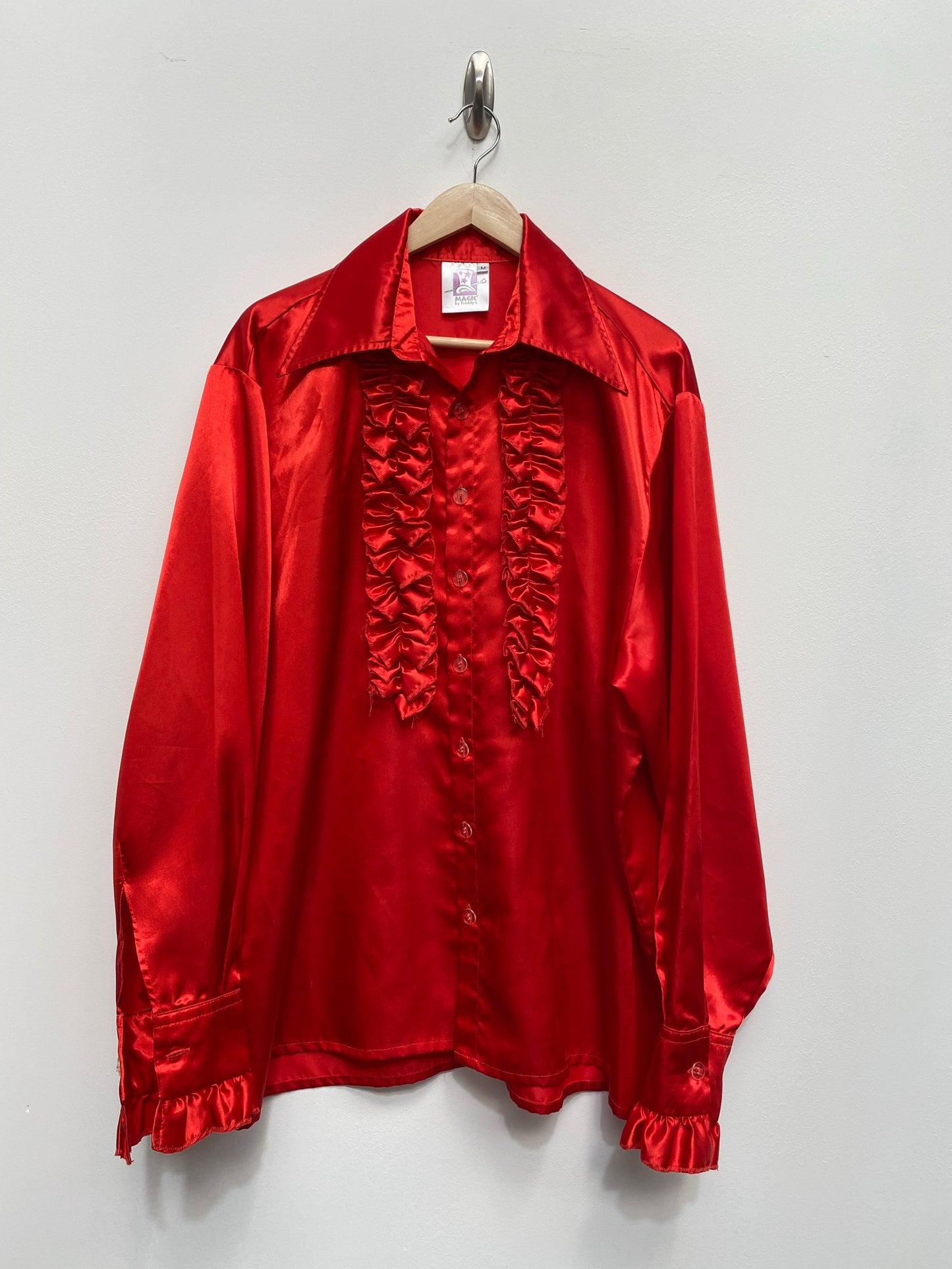 Men's 1970s style frill satin Shirt Size Medium - Red