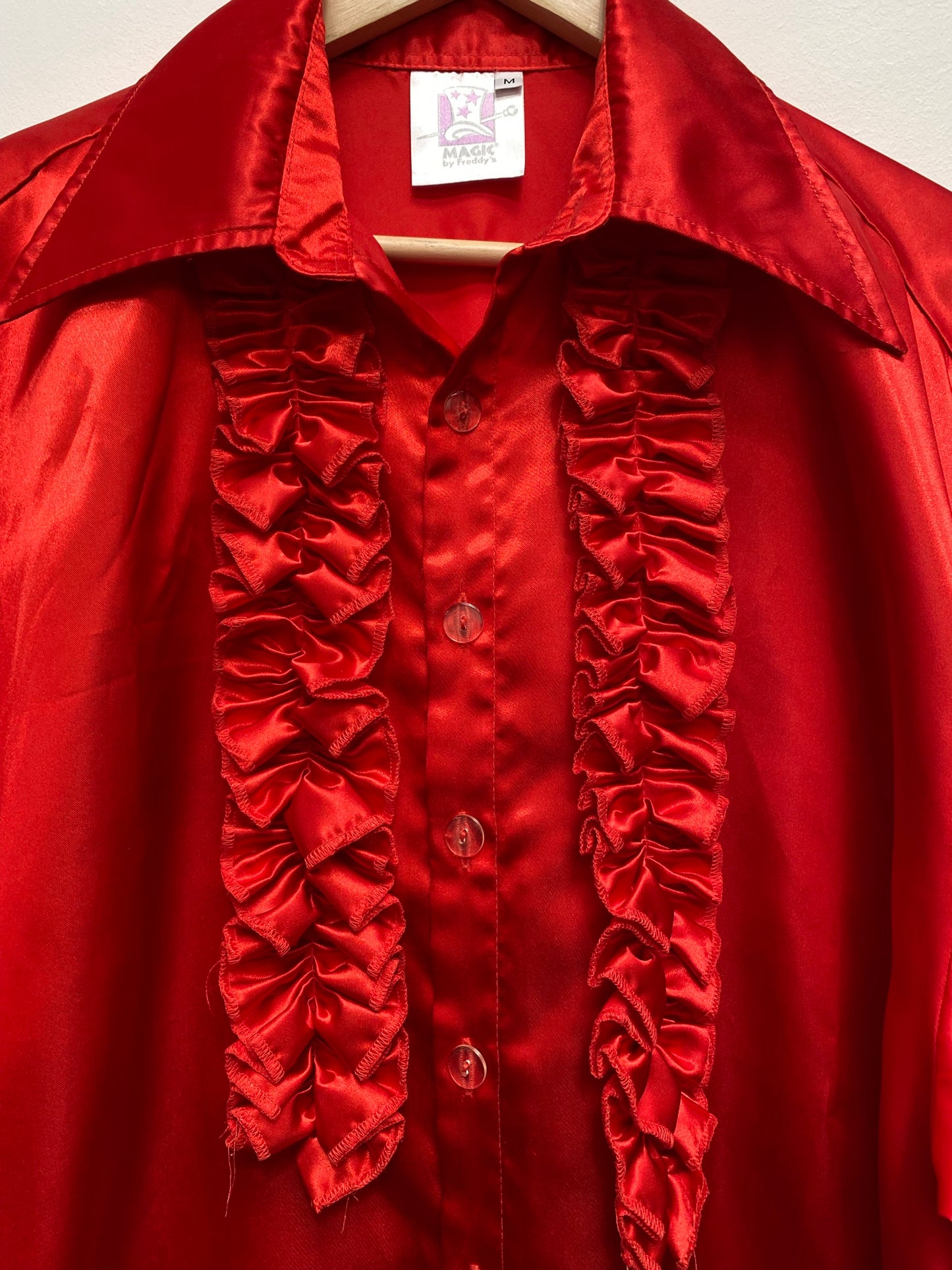 Men's 1970s style frill satin Shirt Size Medium - Red