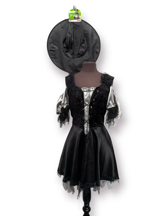 Black & Silver Halloween Witch Dress 7 Hat Size 8-10 - Ex Hire Fancy Dress Costume