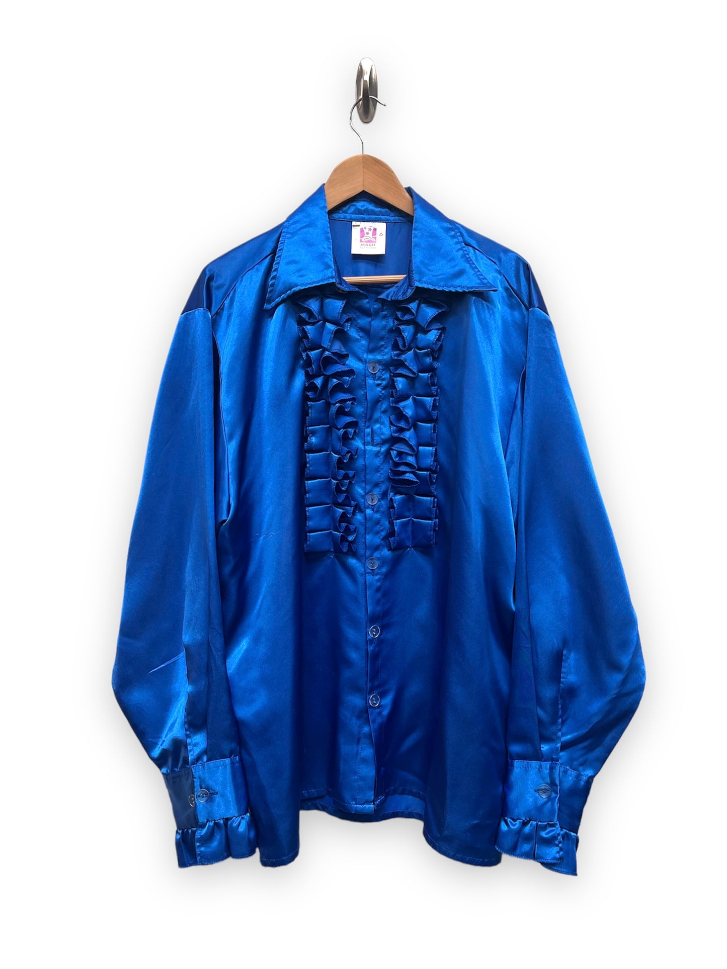 Men's 1970s style frill satin Shirt Size Large - Blue