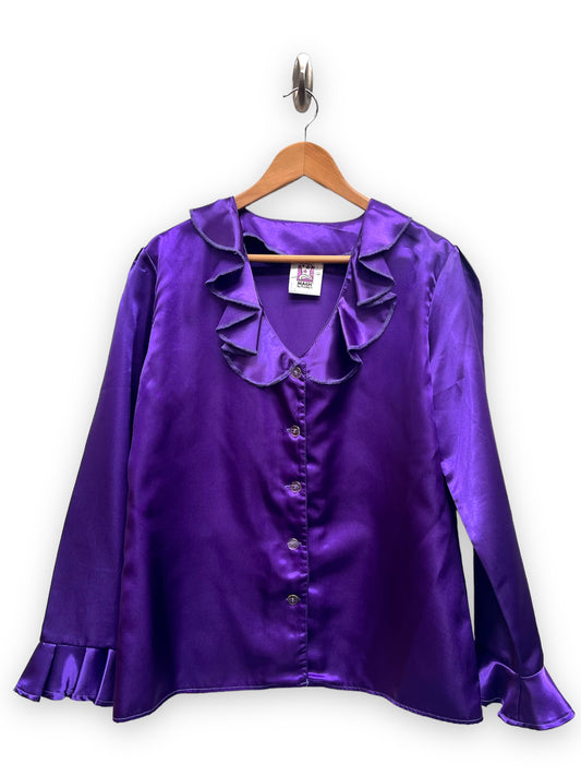 Women's 1970s style frill purple satin Shirt - Large