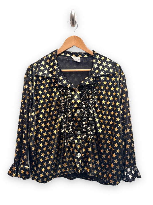 Women's 1970s style frill satin Shirt - Black & Gold Stars - EUR 44 UK 16